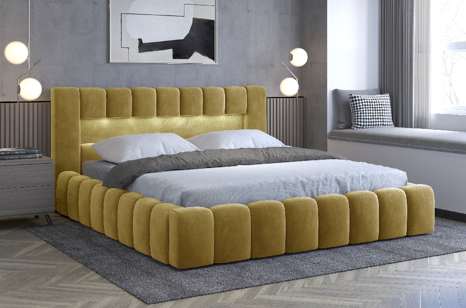 Manželská postel 160 cm Luxa (hořčicová) (s roštem, úl. prostorem a LED)