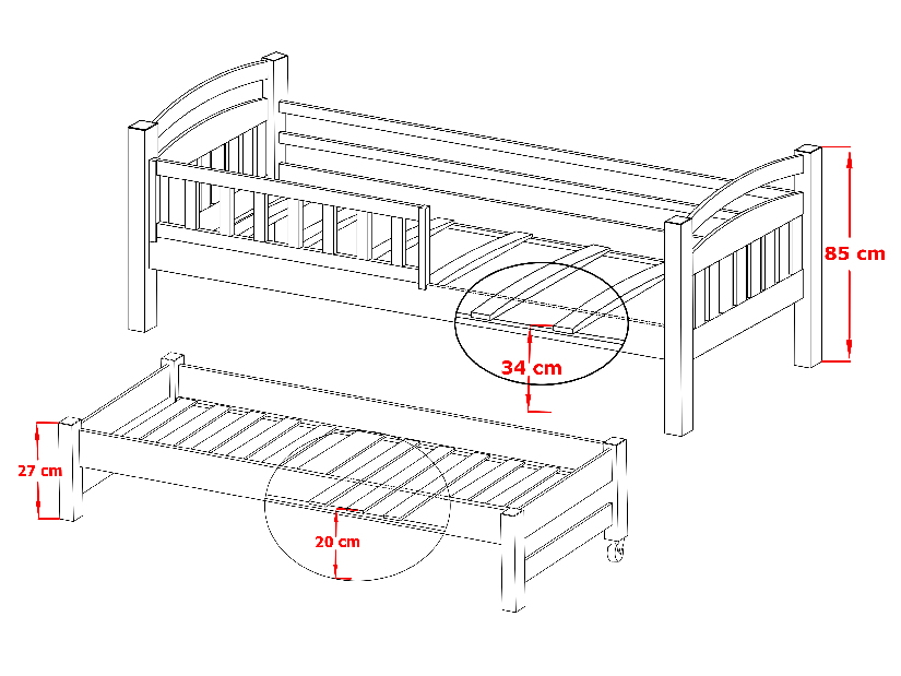 Dětská postel 90 cm GLYNDA (s roštem a úl. prostorem) (borovice)
