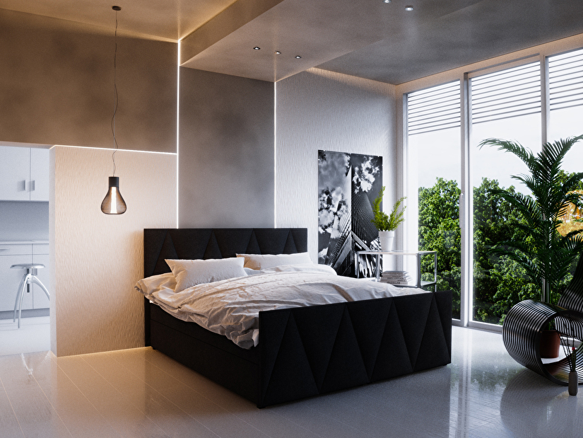 Manželská postel Boxspring 140 cm Milagros Comfort 3 (černá) (s matrací a úložným prostorem)
