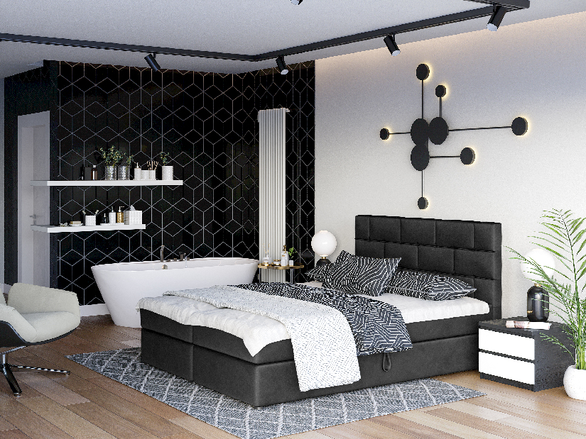 Kontinentální postel 180x200 cm Waller (černá) (s roštem a matrací)