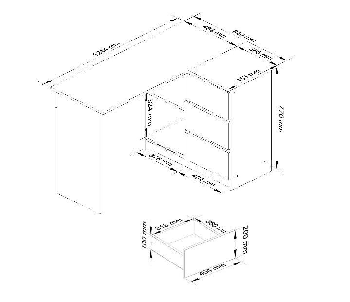 Rohový PC stolek Bodhi (bílá + metalický lesk) (P)