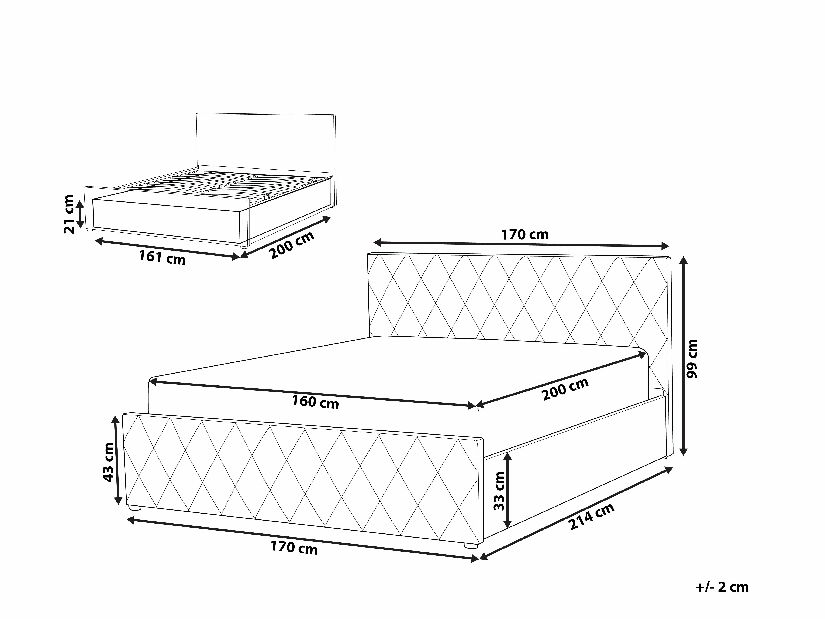 Manželská postel 160 cm ROFARIO (šedá) (samet) (s roštem a úl. prostorem)