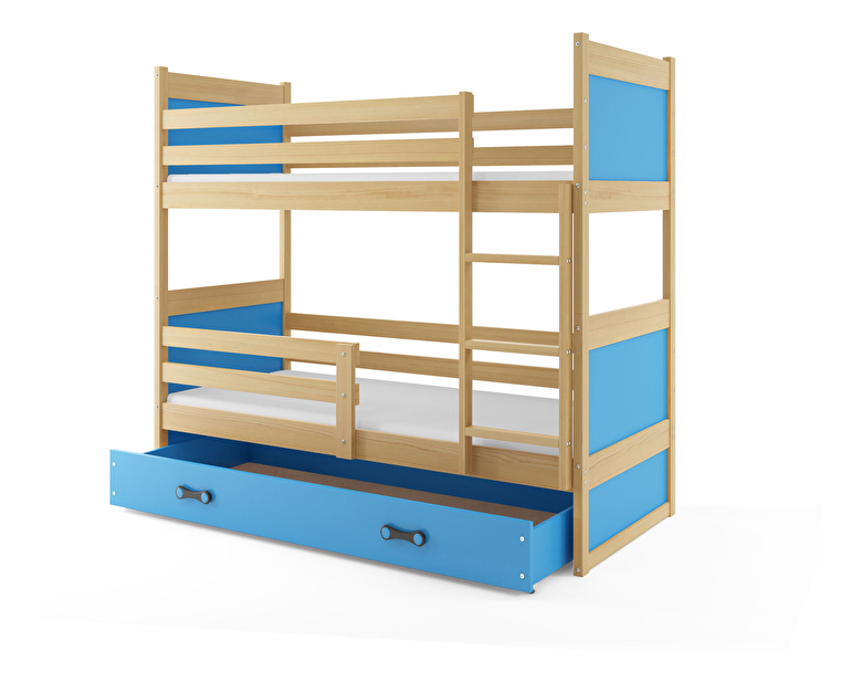 Patrová postel 90 x 200 cm Ronnie B (borovice + modrá) (s rošty, matracemi a úl. prostorem)