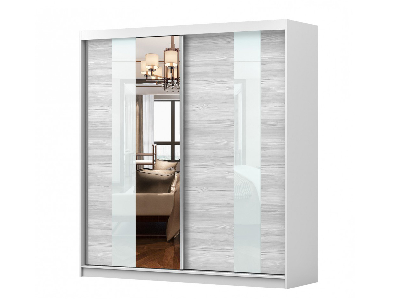 Šatní skříň Mebur 32 200 (bílá + kathult + bílé sklo + zrcadlo)