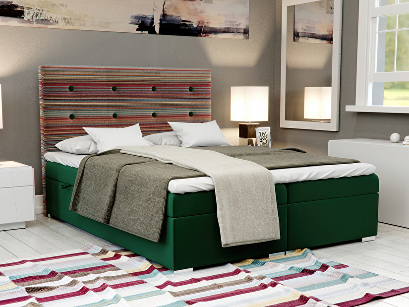 Manželská postel Boxspring 160 cm Rinoletto (tmavě zelená + vícebarevné) (s úložným prostorem)