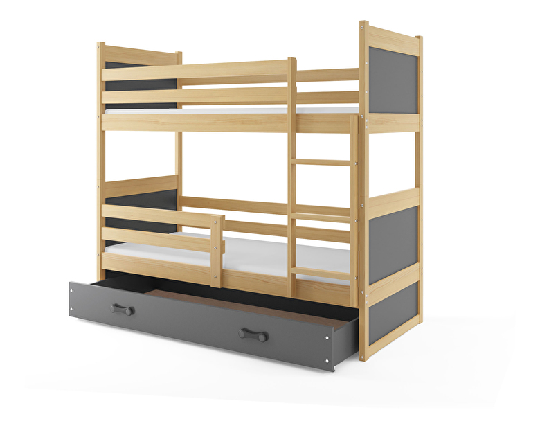 Patrová postel 80 x 190 cm Ronnie B (borovice + grafit) (s rošty, matracemi a úl. prostorem)