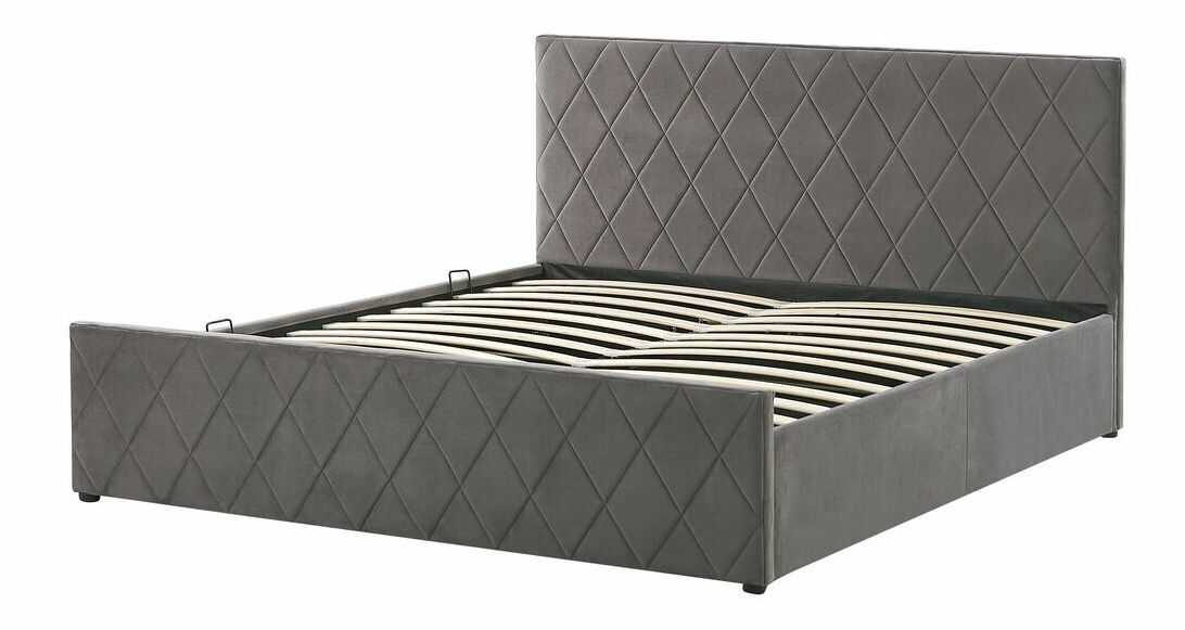Manželská postel 180 cm ROFARIO (šedá) (samet) (s roštem a úl. prostorem)