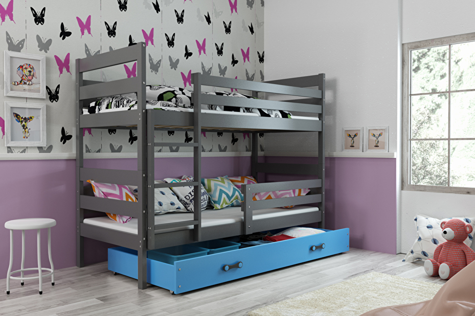 Patrová postel 90 x 200 cm Eril B (grafit + modrá) (s rošty, matracemi a úl. prostorem)