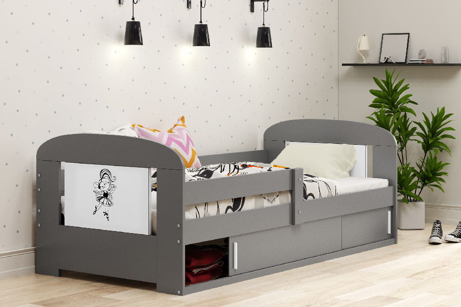 Dětská postel 80 cm Fimmo (grafit + baletka) (s roštem, matrací a úl. prostorem)