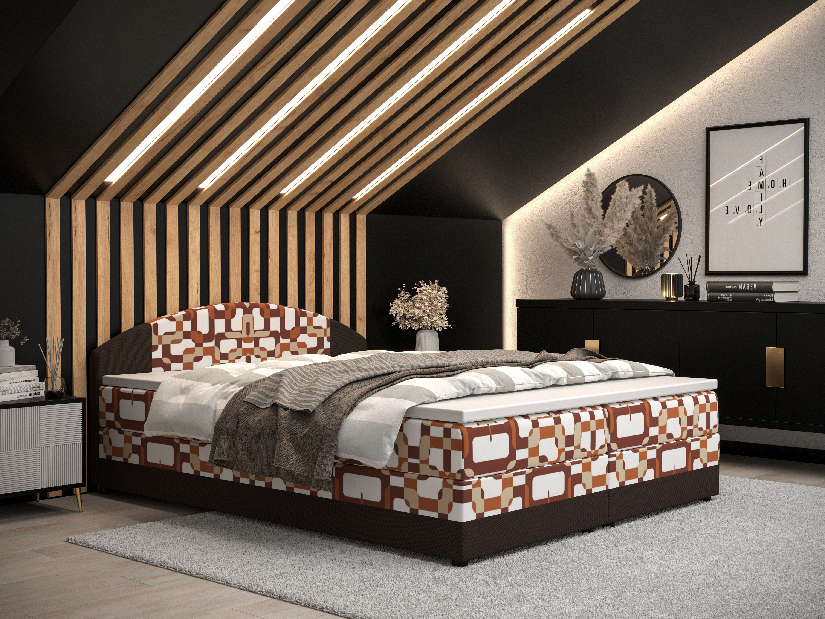 Manželská posteľ Boxspring 140 cm Orlando (vzor + tmavohnedá) (s matracom a úložným priestorom) *výprodej