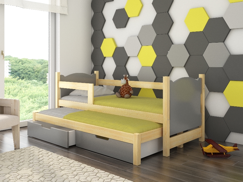 Rozkládací dětská postel 180x75 cm Chloe (s roštem a matrací) (borovice + šedá)