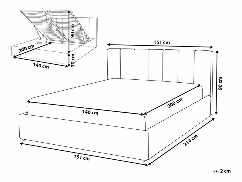 Manželská postel 140 cm DARGAN (šedá) (textil) (s roštem a úl. prostorem)