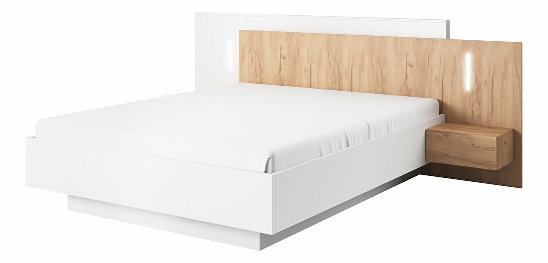Manželská postel 160 cm s nočními stolky Three (s úložným prostorem) (s osvětlením) (dub craft zlatý + bílá)