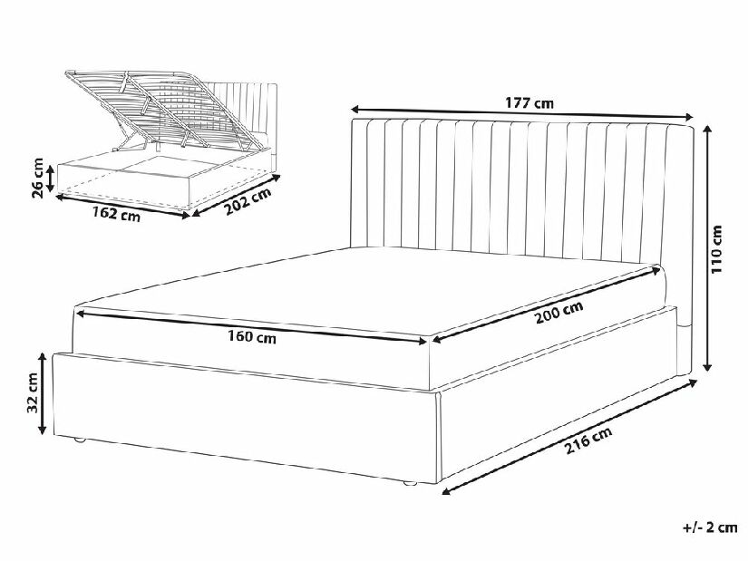 Manželská postel 160 cm Vakarine (šedá) (s roštem a úložným prostorem)