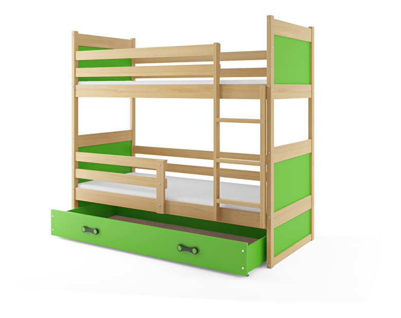 Patrová postel 80 x 160 cm Ronnie B (borovice + zelená) (s rošty, matracemi a úl. prostorem)