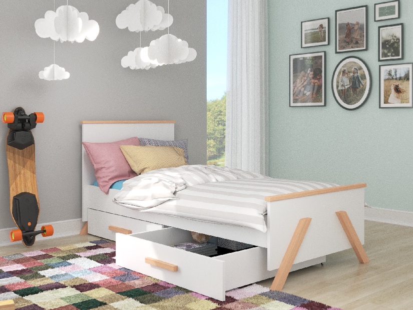 Dětská postel 180x80 cm Karolina (s roštem a matrací) (buk natural + bílá)