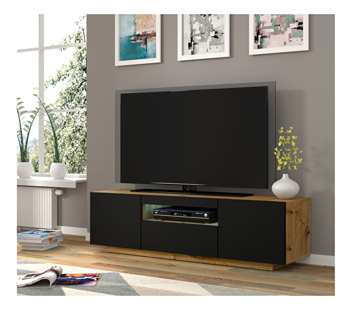 TV stolek/skříňka Aurinko 150 (dub artisan + matná černá) (s osvětlením)