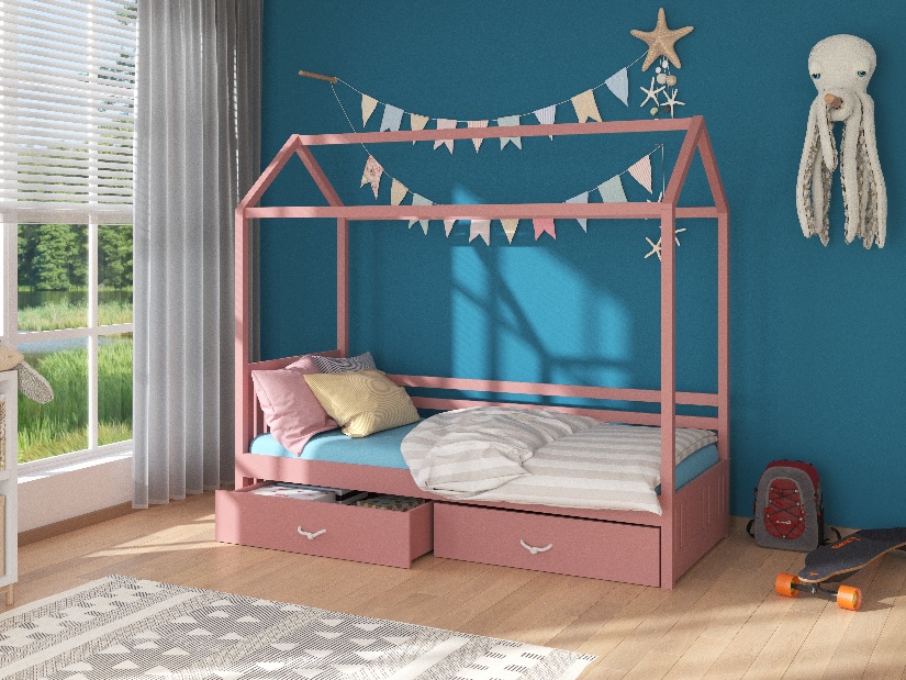 Dětská postel 200x90 cm Rosie I (s roštem a matrací) (růžová)