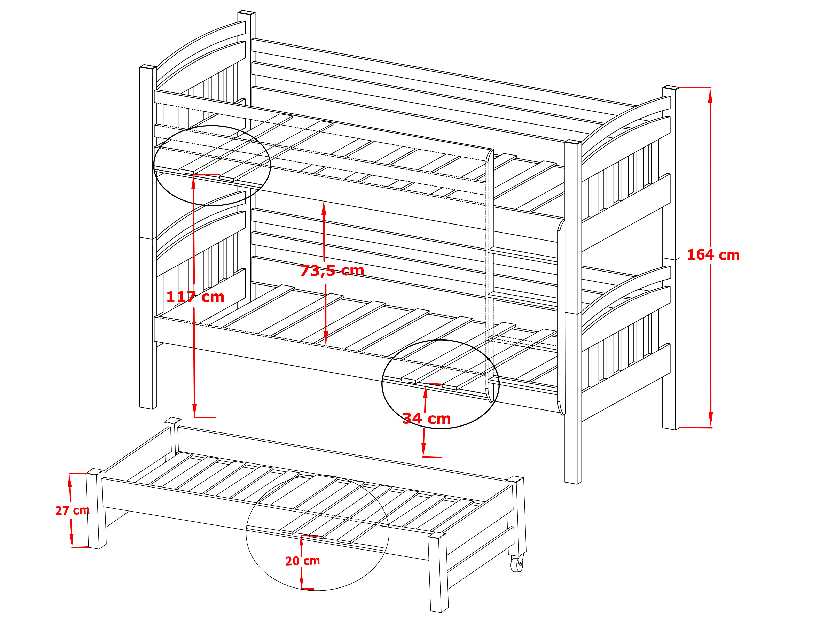 Dětská postel 80 cm ANIE (s roštem a úl. prostorem) (borovice)