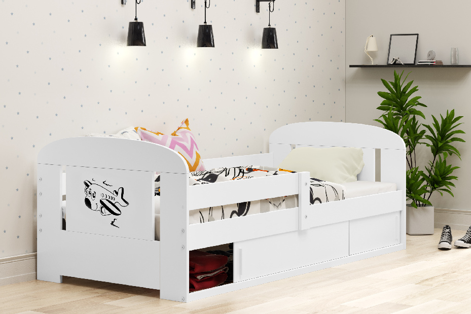 Dětská postel 80 cm Fimmo (bílá + letadlo) (s roštem, matrací a úl. prostorem)
