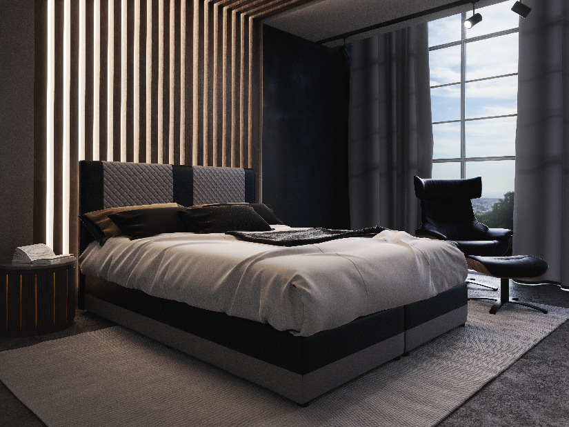Kontinentální postel 140 cm Pecos Comfort (ekokůže + šedá + černá) (s matrací a úložným prostorem)