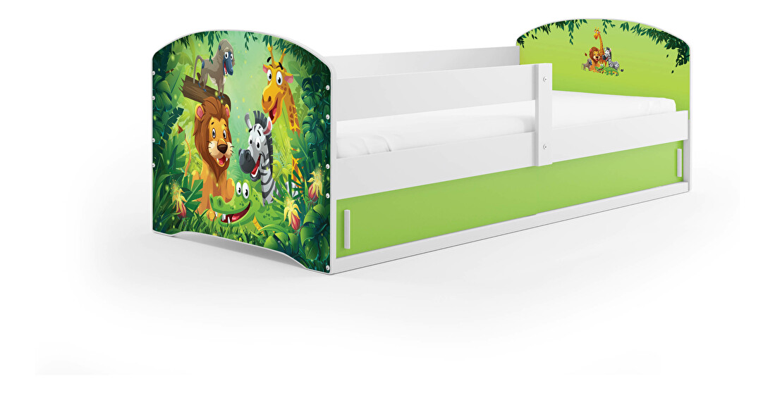 Dětská postel 80 x 160 cm Lukan (bílá + vzor jungle) (s roštem, matrací a úl. prostorem)