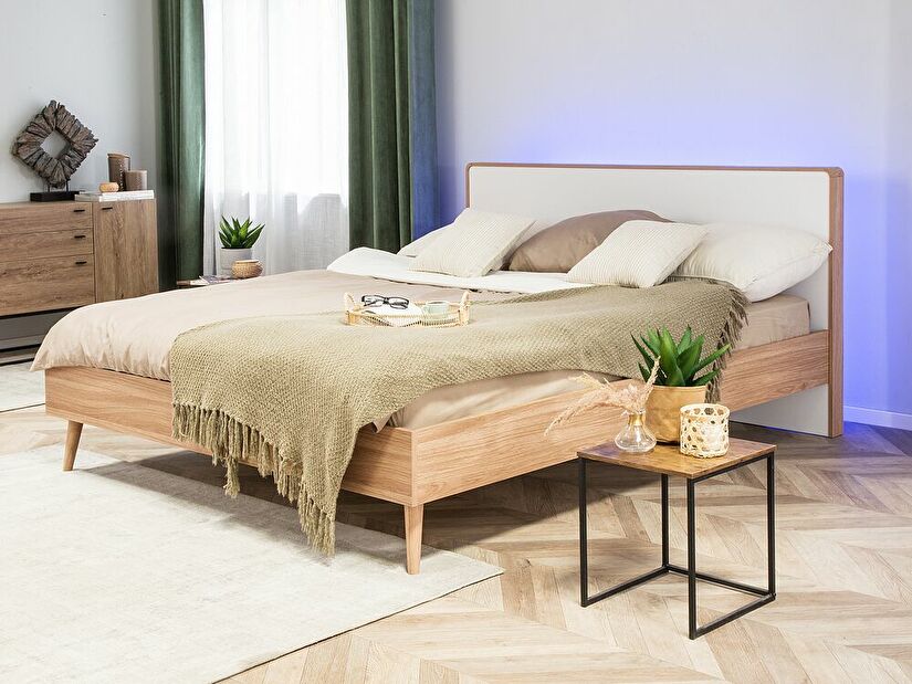Manželská postel 160 cm SERVI (s roštem a LED osvětlením) (světlé dřevo)