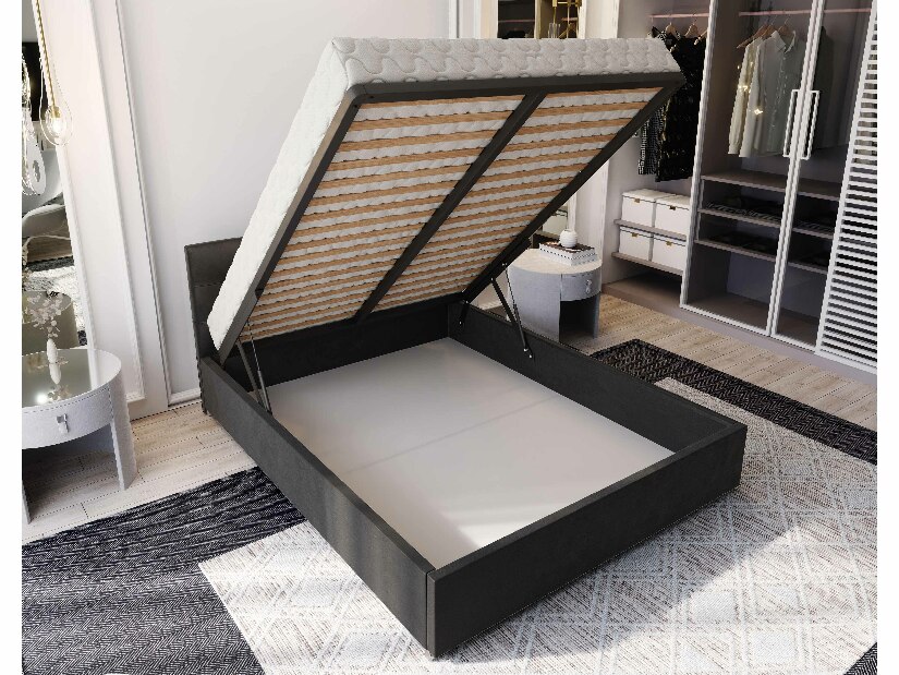 Manželská postel 140 cm Lonnie (tmavě šedá) (s roštem a úložným prostorem)