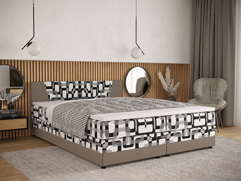 Manželská postel Boxspring 140 cm Linda (vzor + šedohnědá) (s matrací a úložným prostorem)