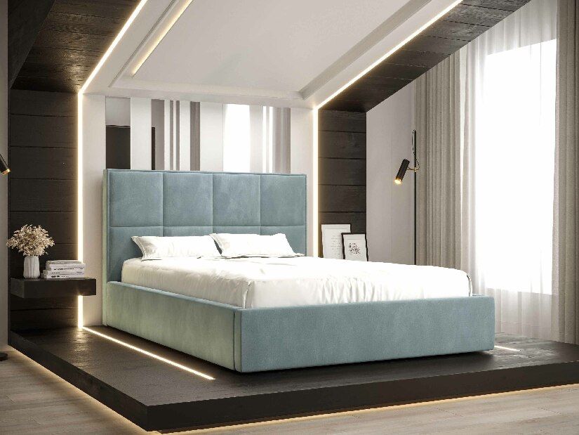 Manželská postel 140 cm Gino (modrá) (s roštem a úložným prostorem)