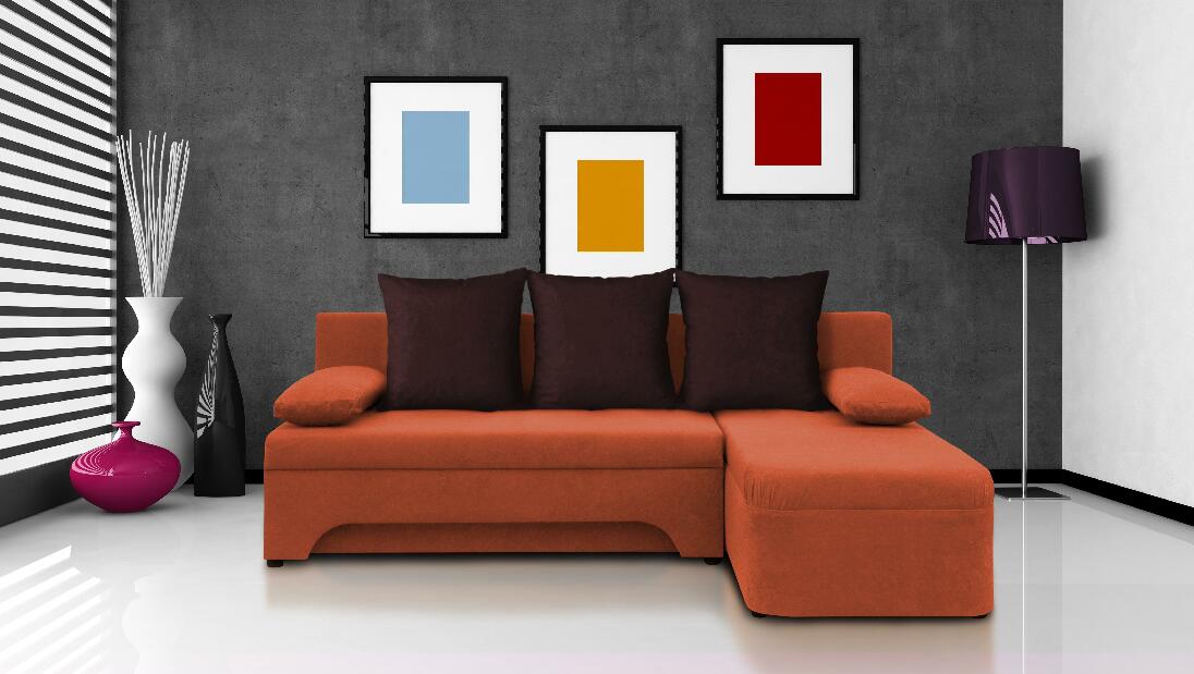 Rohová sedačka Saline oranžová + tmavohnědé polštáře (1 úložný prostor, pěna)
