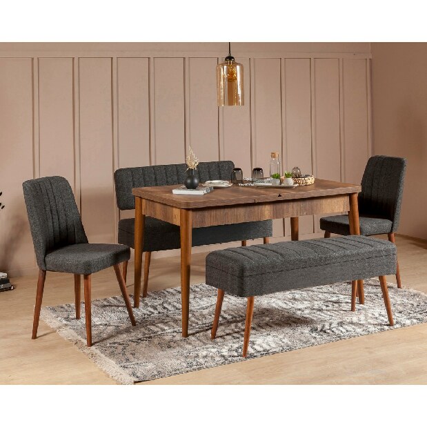 Rozkládací jídelní stůl se 2 židlemi a 2 lavicemi Vlasta (ořech + antracit)