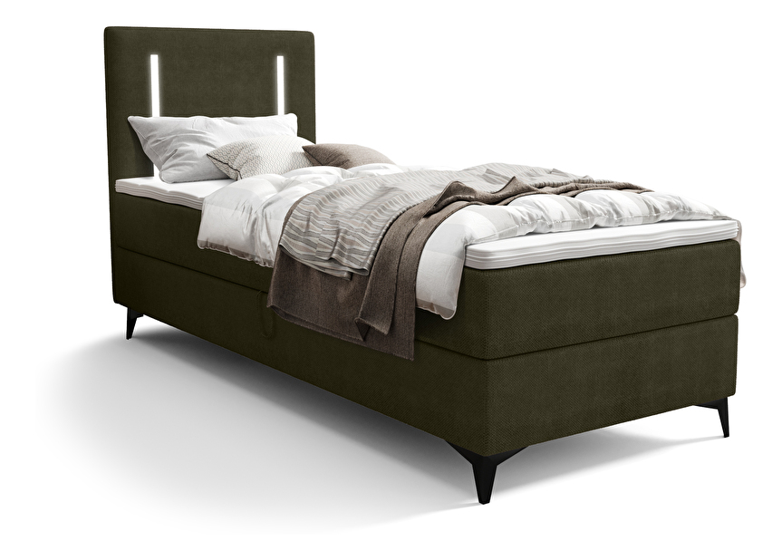 Jednolůžková postel 80 cm Ortega Comfort (olivová zelená) (s roštem a matrací, s úl. prostorem) (s LED osvětlením)