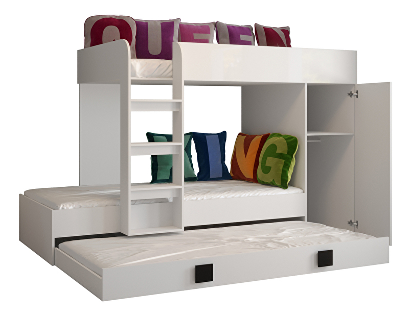 Dětská kombinovaná postel 90 cm Toreno 2 (bílá + bílý lesk + tyrkysová lesklá madla)