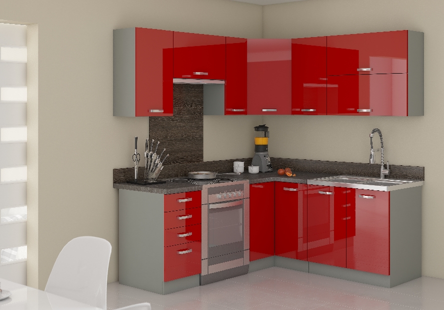 Rohová kuchyně Roslyn 170 + 130 cm (šedá + červená)