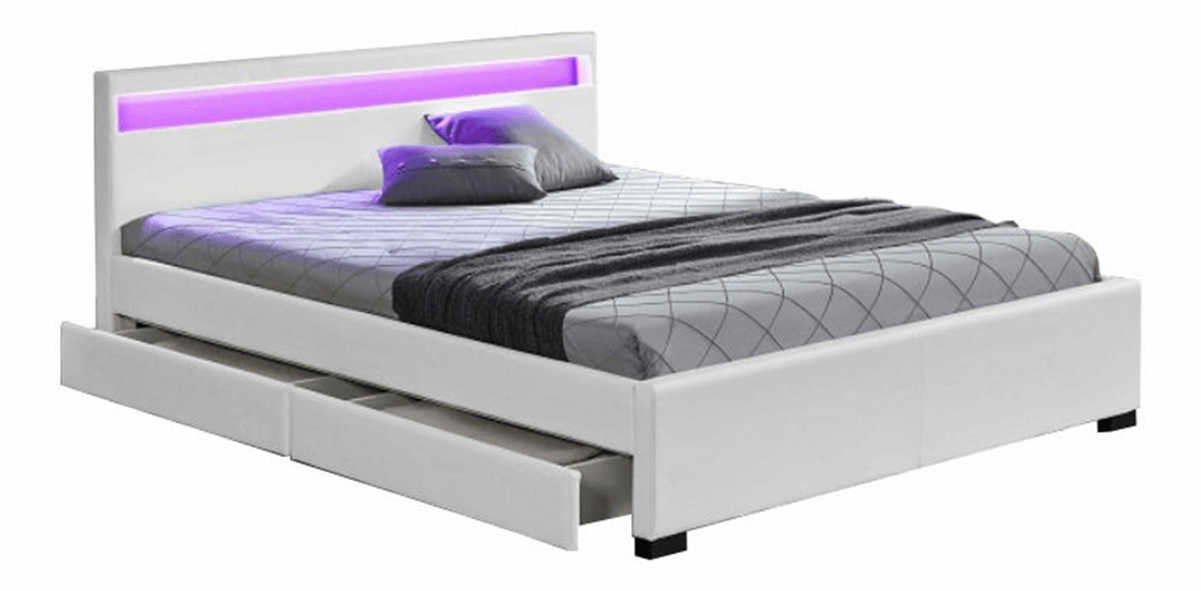 Manželská postel 180 cm Miss (s roštem, osvětlením a úl. prostorem) (bílá) *výprodej
