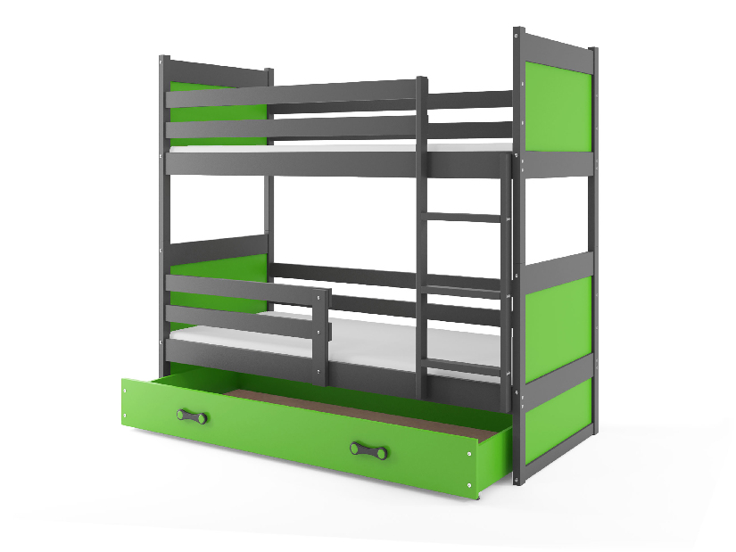 Patrová postel 80 x 190 cm Ronnie B (grafit + zelená) (s rošty, matracemi a úl. prostorem)