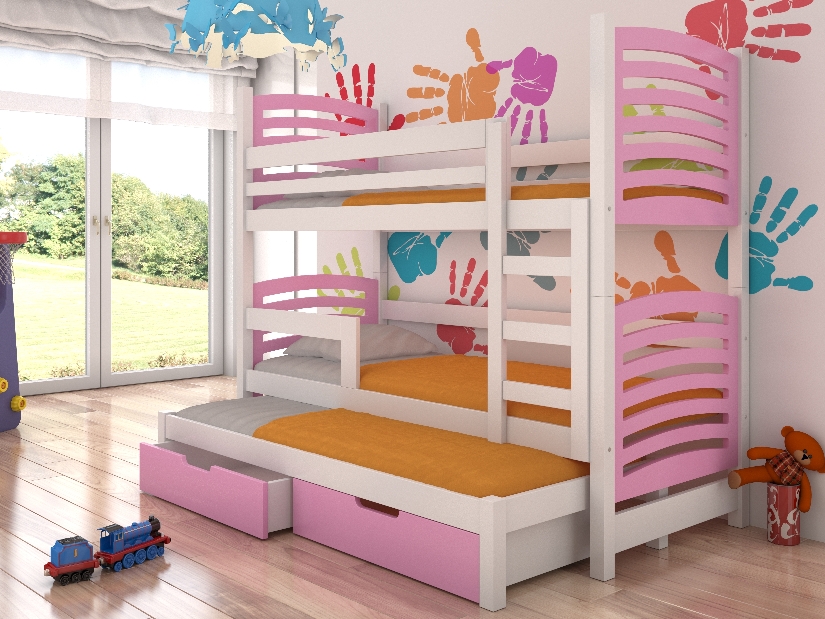 Patrová dětská postel 180x75 cm Stanislava (s roštem a matrací) (bílá + růžová)