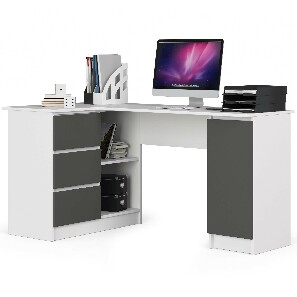 Rohový PC stolek Bevin (bílá + šedá) (L)