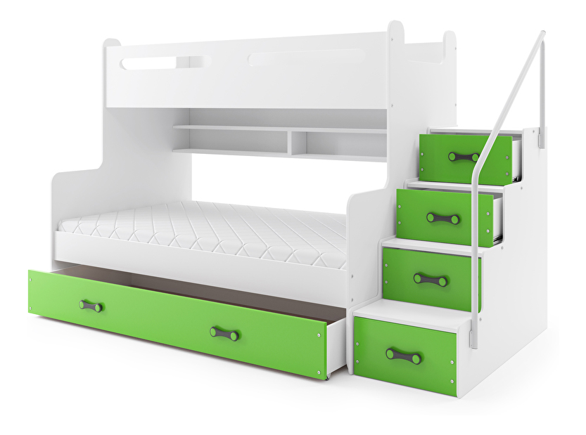 Patrová postel 120 x 200 cm Moxxo 3 (bílá + zelená) (s rošty, matracemi a úl. prostorem)