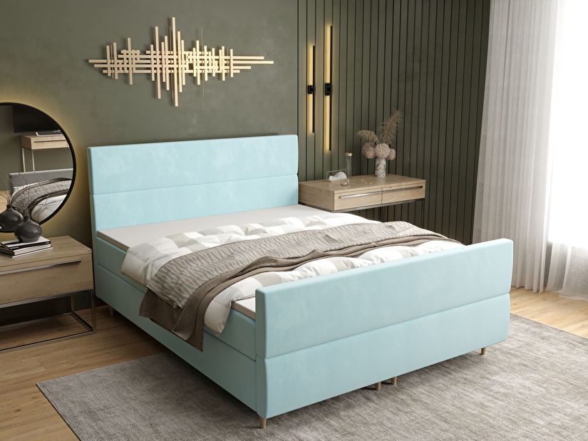 Manželská postel Boxspring 160 cm Flu Plus Comfort (světlomodrá) (s matrací a úložným prostorem)