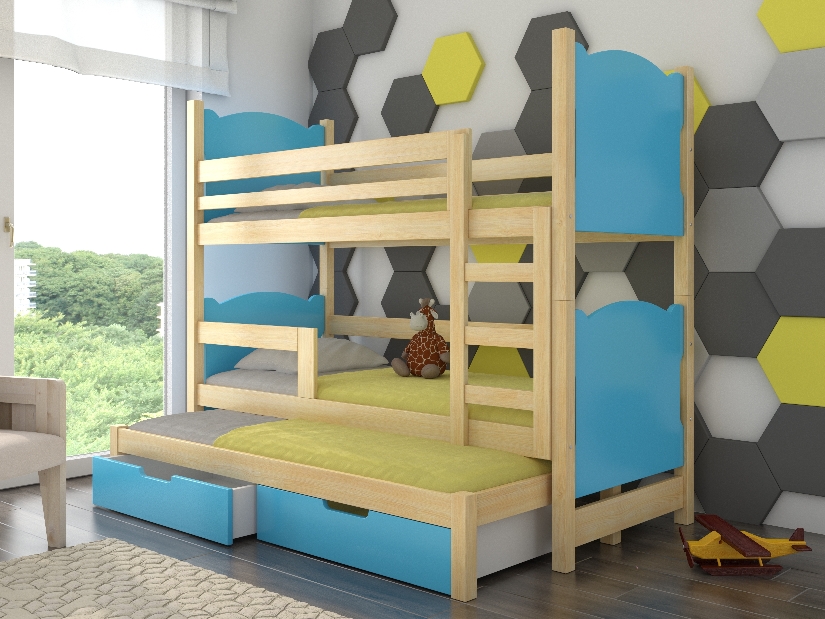 Patrová dětská postel 180x75 cm Lukrece (s roštem a matrací) (borovice + modrá)