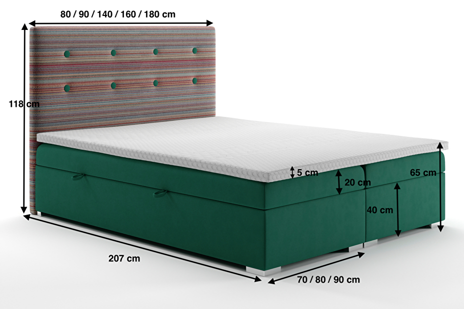 Kontinentální postel 180 cm Rinoletto (tmavě zelená + vícebarevné) (s úložným prostorem)