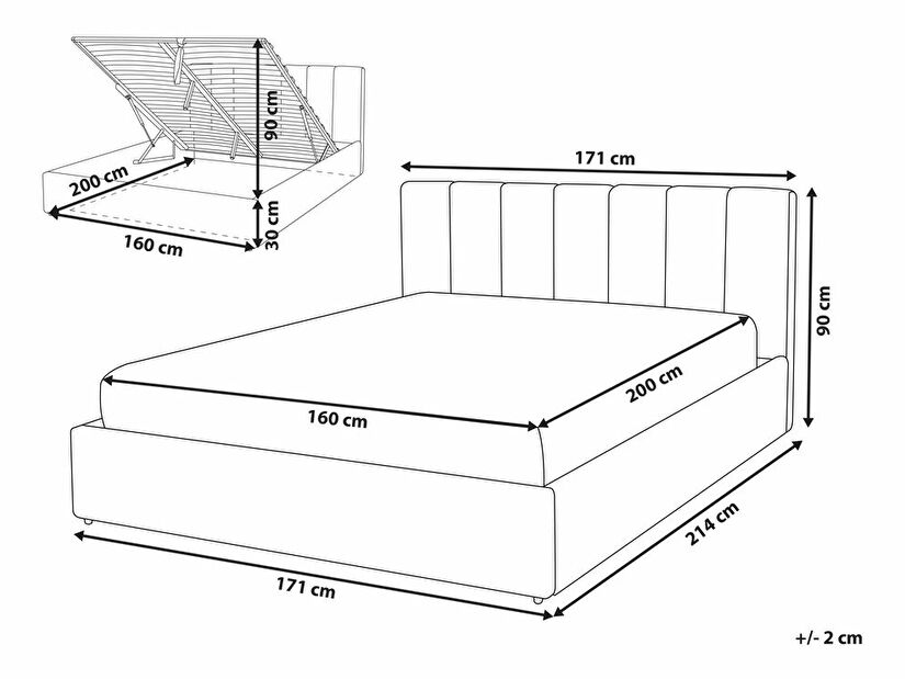 Manželská postel 160 cm DARGAN (šedá) (textil) (s roštem a úl. prostorem)