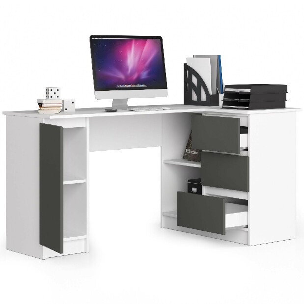 Rohový PC stolek Bevin (bílá + šedá) (P)