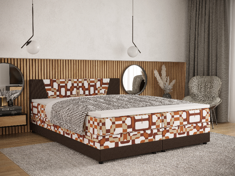 Manželská postel Boxspring 160 cm Linda (vzor + tmavě hnědá) (s matrací a úložným prostorem)