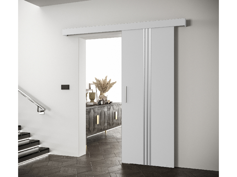 Posuvné dveře 90 cm Sharlene V (bílá matná + bílá matná + stříbrná)