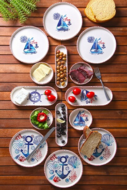 Snídaňová souprava (14 Pieces) Kashmere (bílá + modrá + červená)