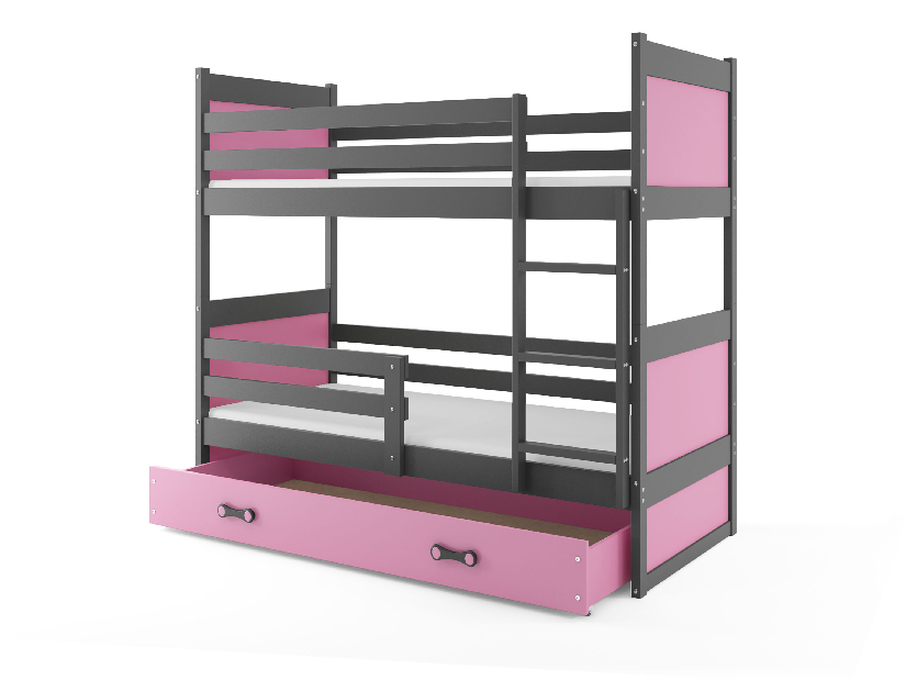 Patrová postel 80 x 190 cm Ronnie B (grafit + růžová) (s rošty, matracemi a úl. prostorem)