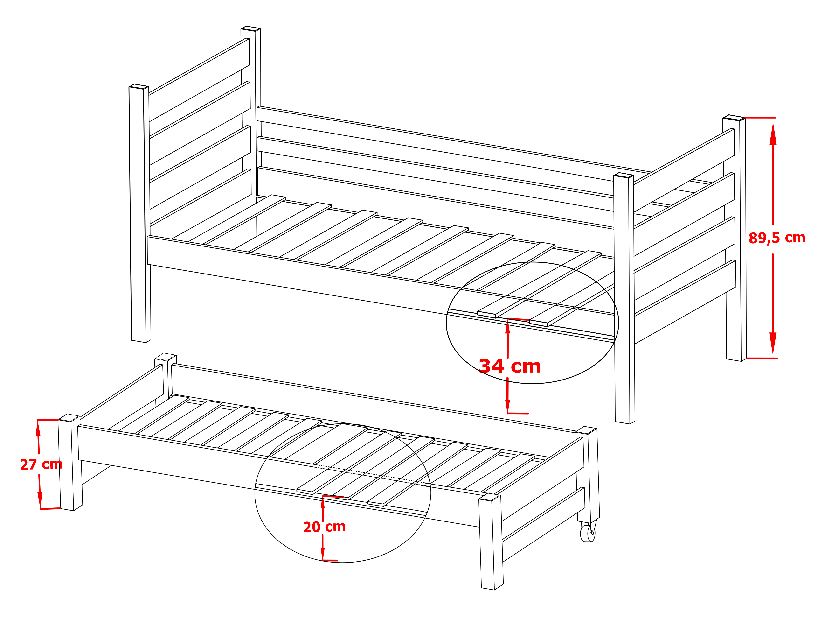 Dětská postel 90 cm MONTY (s roštem a úl. prostorem) (bílá)